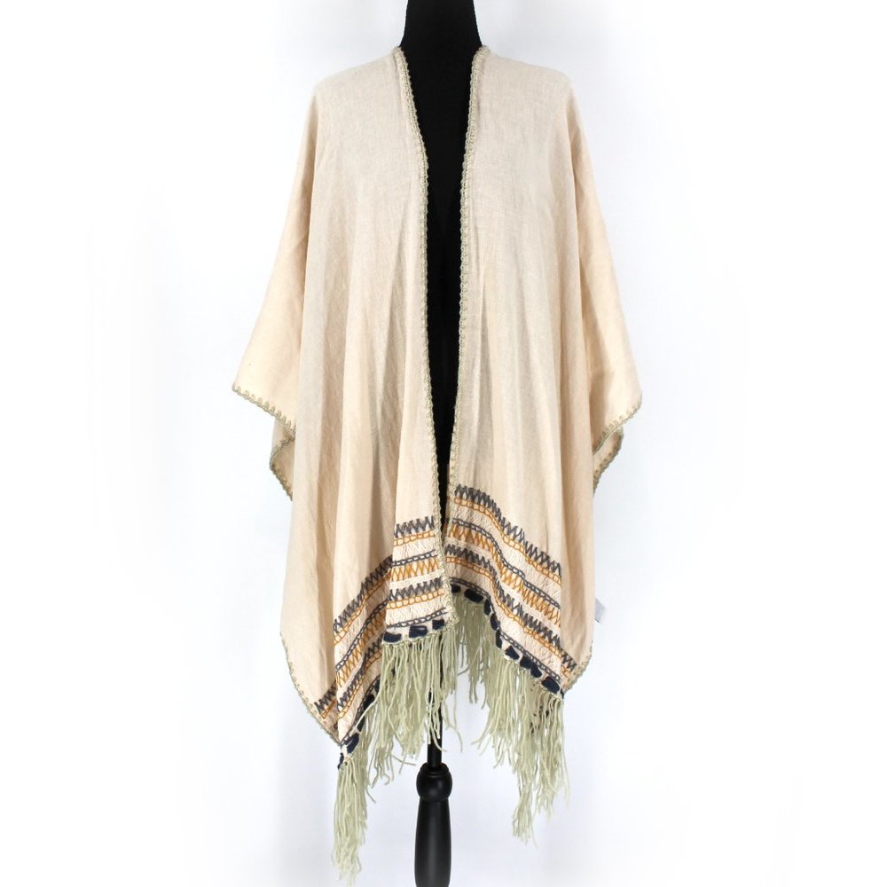 Johnny Was Biya Cream Aro Cotton Linen Embroidered Poncho Wrap Fringe Trim S NEW